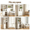 Four lifestyle scenes of white display hutch with text 'Fits any space': kitchen, study, dining room and living room