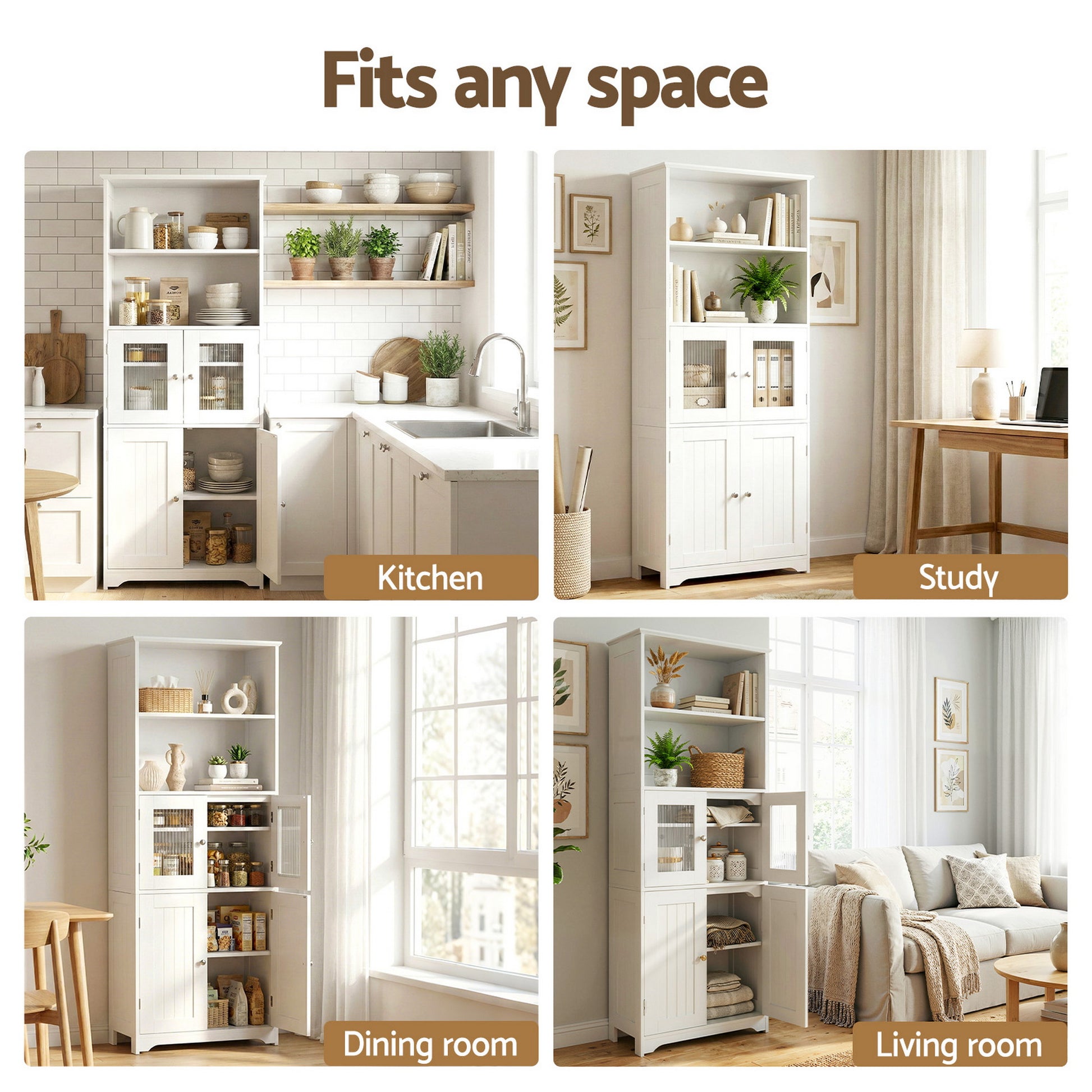 Four lifestyle scenes of white display hutch with text 'Fits any space': kitchen, study, dining room and living room