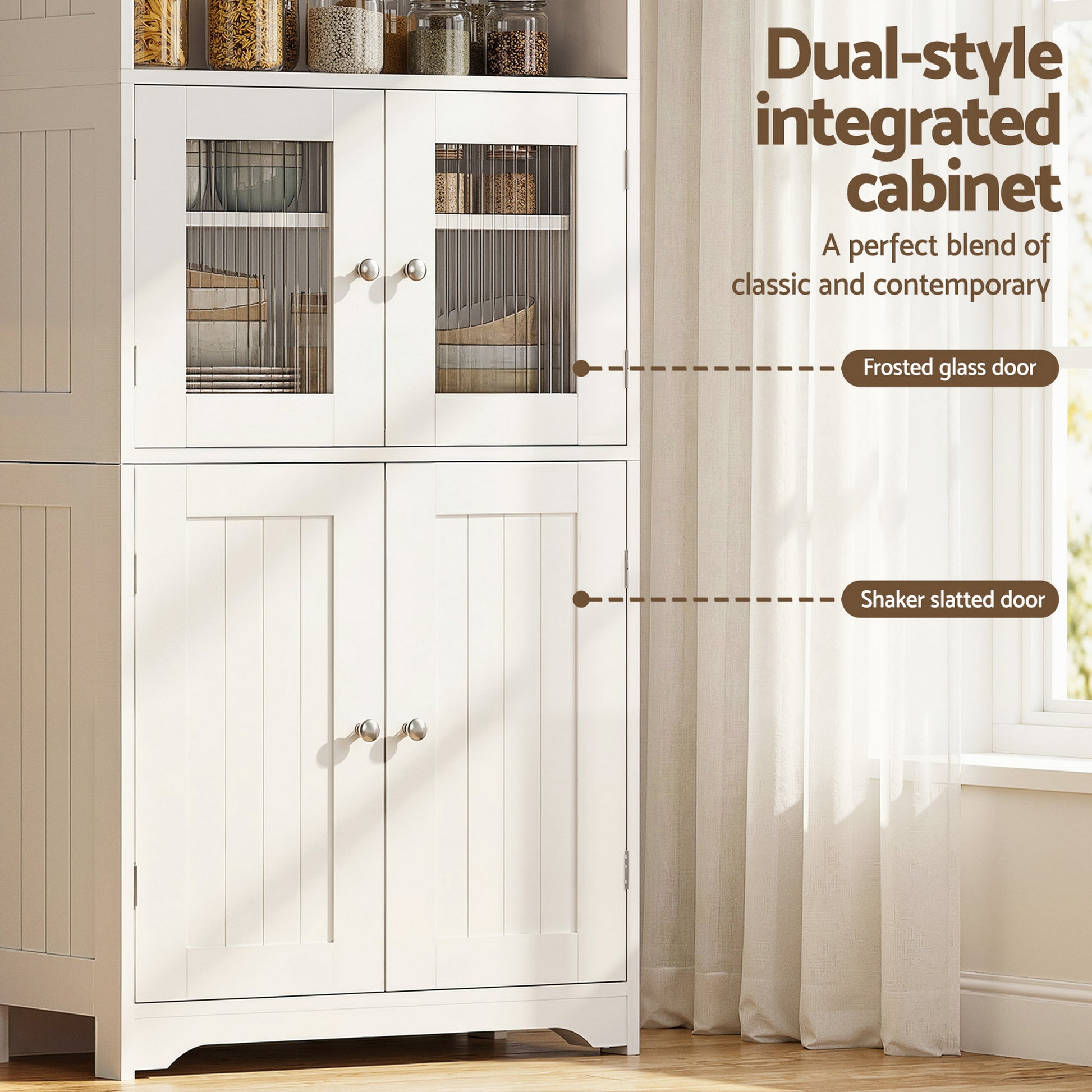 White pantry cabinet close-up with labels 'Frosted glass door' and 'Shaker slatted door', pantry items visible behind glass