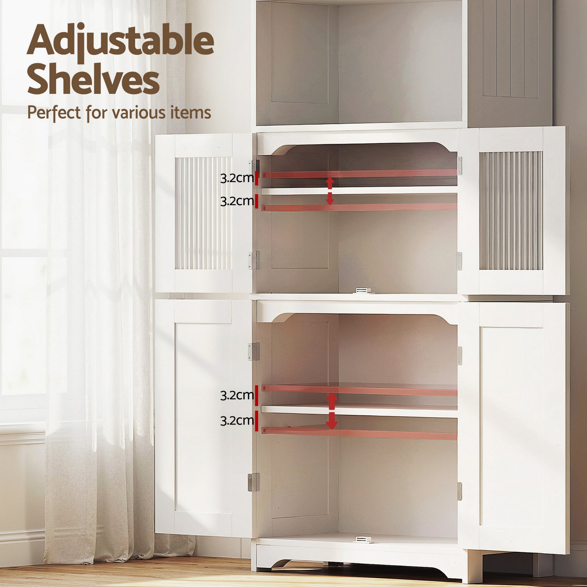 White display hutch cabinet open with text 'Adjustable Shelves' showing 3.2cm shelf adjustment increments in both sections