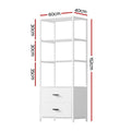 White display shelf unit dimensions: 60cm wide, 40cm deep, 152cm tall with 30cm and 35cm shelf spacing and two drawers