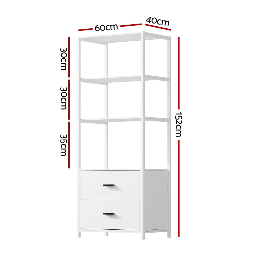 White display shelf unit dimensions: 60cm wide, 40cm deep, 152cm tall with 30cm and 35cm shelf spacing and two drawers