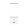 White display shelf unit with three open shelves above two drawers with black bar handles, front view on white background