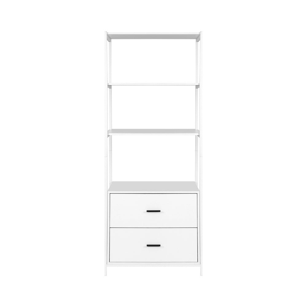 White display shelf unit with three open shelves above two drawers with black bar handles, front view on white background