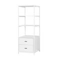 White display shelf unit with three open shelves above two drawers with black bar handles, angle view on white background