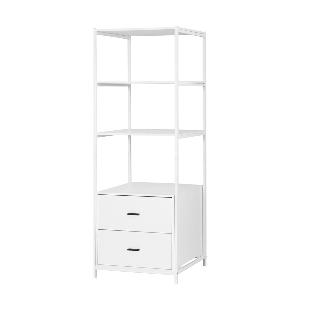 White display shelf unit with three open shelves above two drawers with black bar handles, angle view on white background