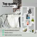 White staggered display shelf in bedroom lifestyle setting, text Top quality E1 standard material, low formaldehyde emissions