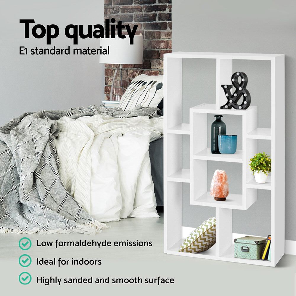 White staggered display shelf in bedroom lifestyle setting, text Top quality E1 standard material, low formaldehyde emissions
