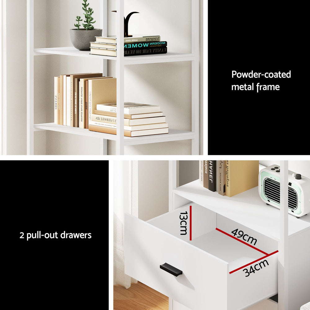 Display shelf detail panel showing powder-coated frame, shelves with books, two pull-out drawers 49x34x13cm