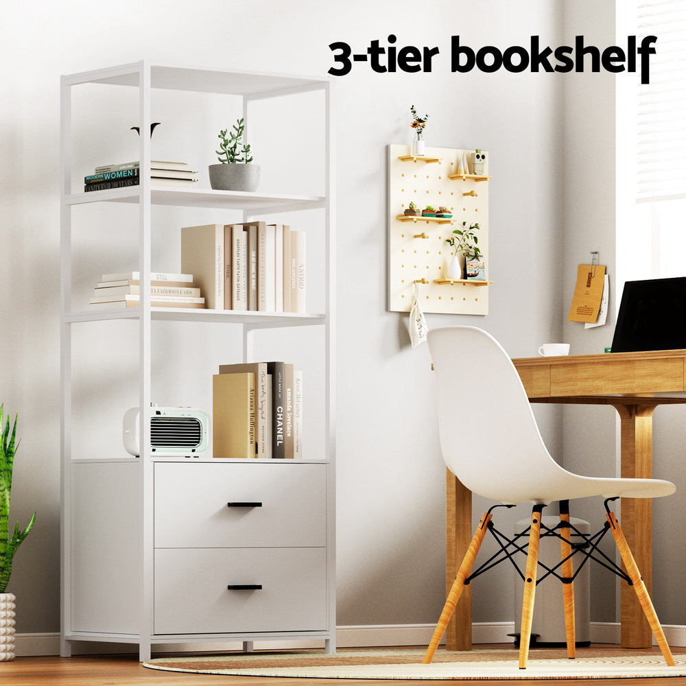 White 3-tier bookshelf with two drawers styled with books in home office setting, text reads 3-tier bookshelf