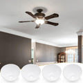 White dome lamp shades shown with ornate brown ceiling fan in grey living room, set of four shades displayed below