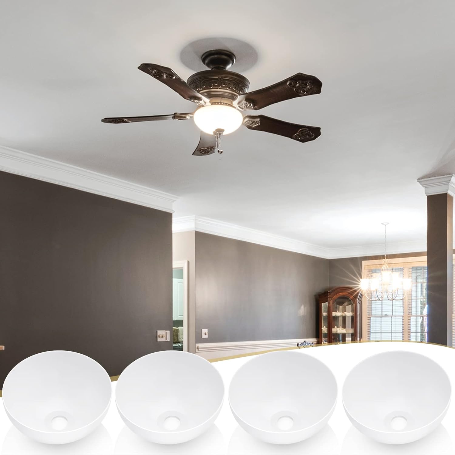 White dome lamp shades shown with ornate brown ceiling fan in grey living room, set of four shades displayed below