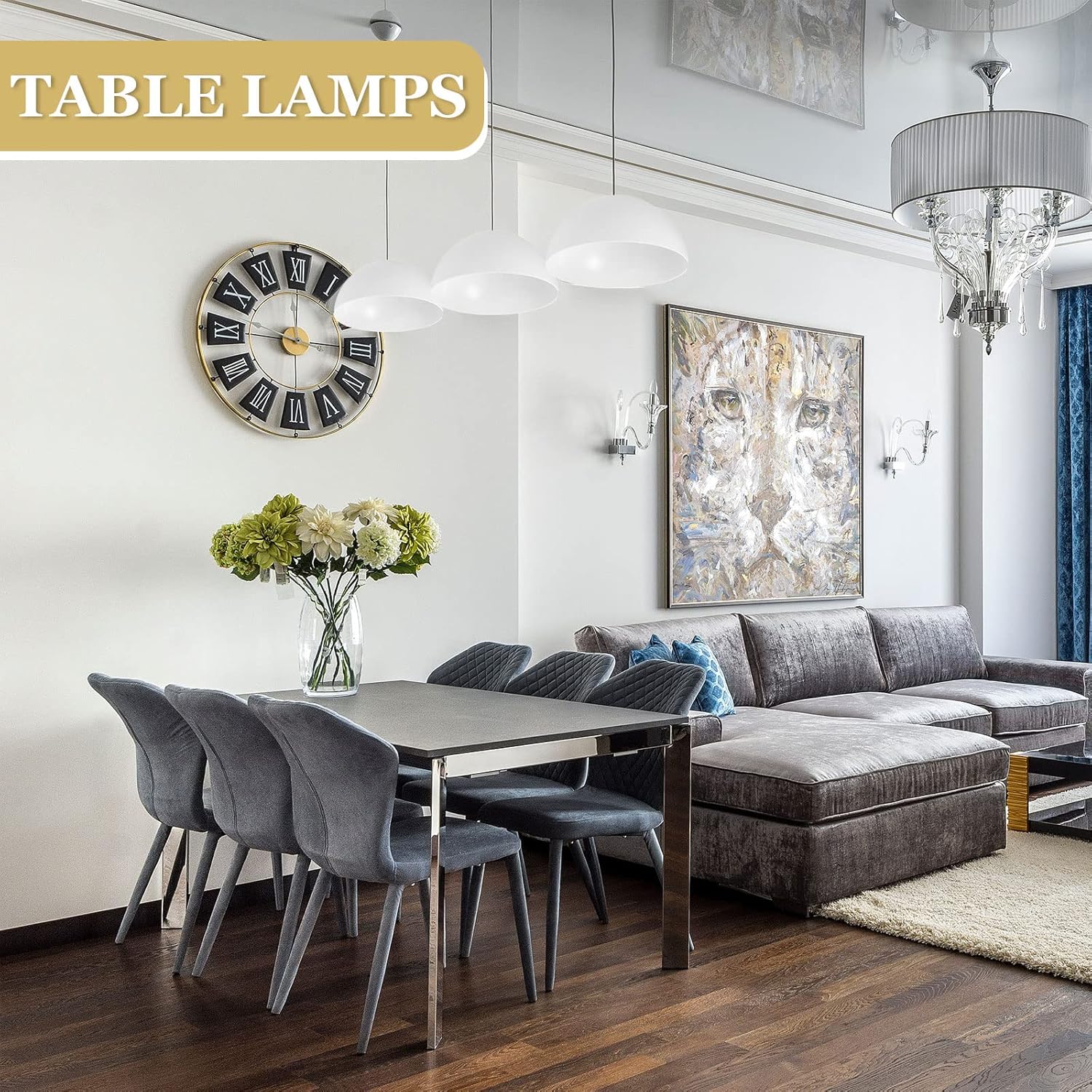 TABLE LAMPS lifestyle scene in living and dining room, white dome pendant shades on ceiling, grey sofa and dining set below