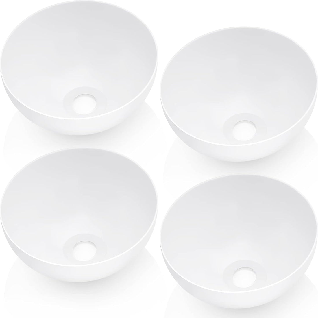 Set of four white dome bowl-shaped lamp shades on white background, each showing interior cavity with central mounting hole