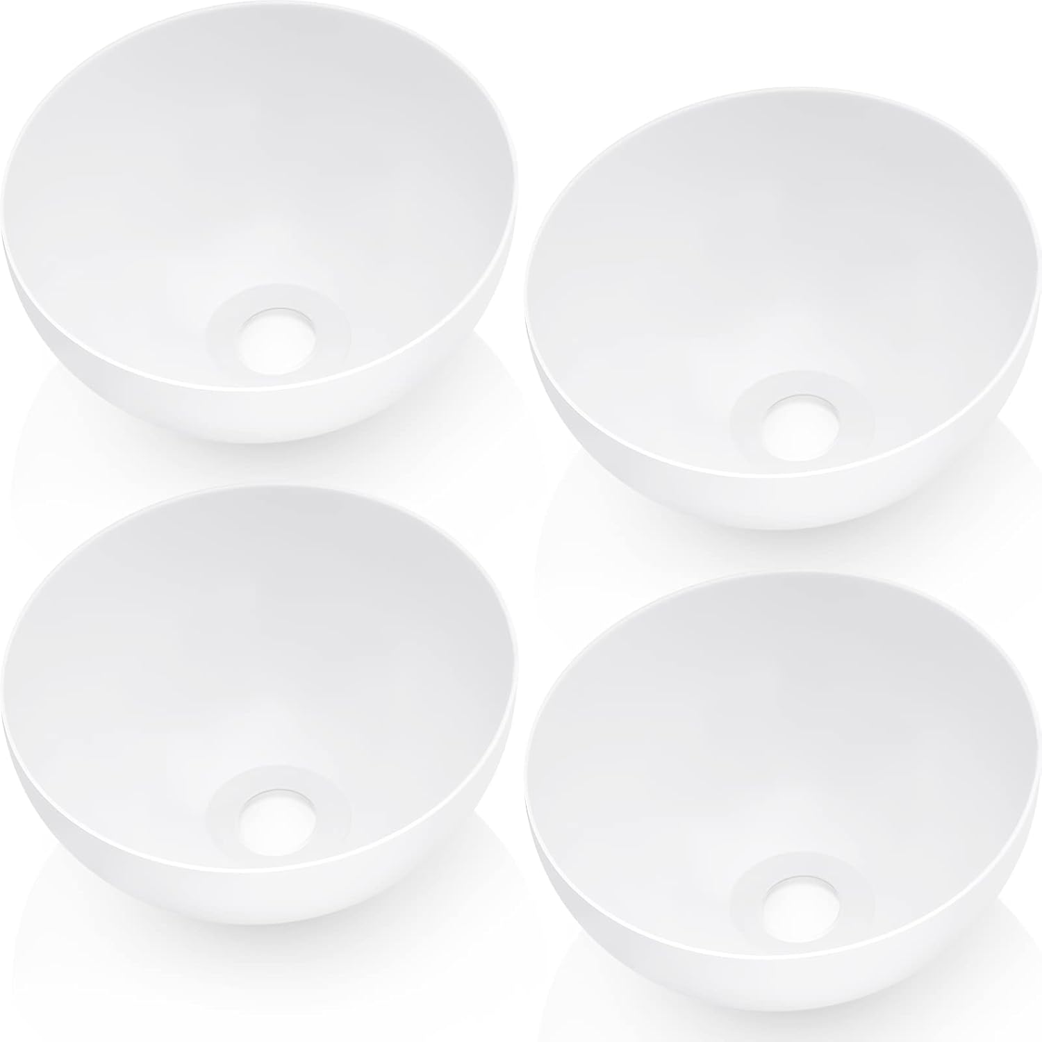 Set of four white dome bowl-shaped lamp shades on white background, each showing interior cavity with central mounting hole