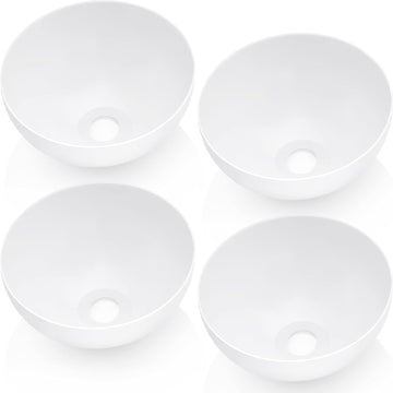 Set of four white dome bowl-shaped lamp shades on white background, each showing interior cavity with central mounting hole
