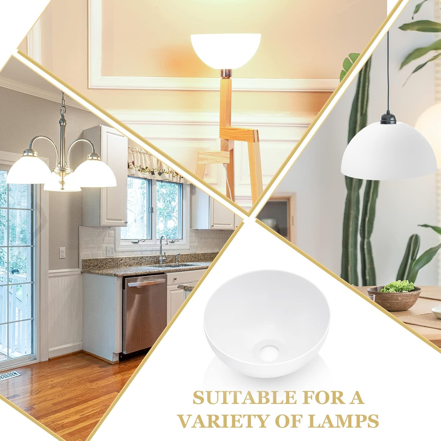 Collage showing white dome shade suitable for variety of lamps: floor lamp, multi-light kitchen pendant, and pendant lamp