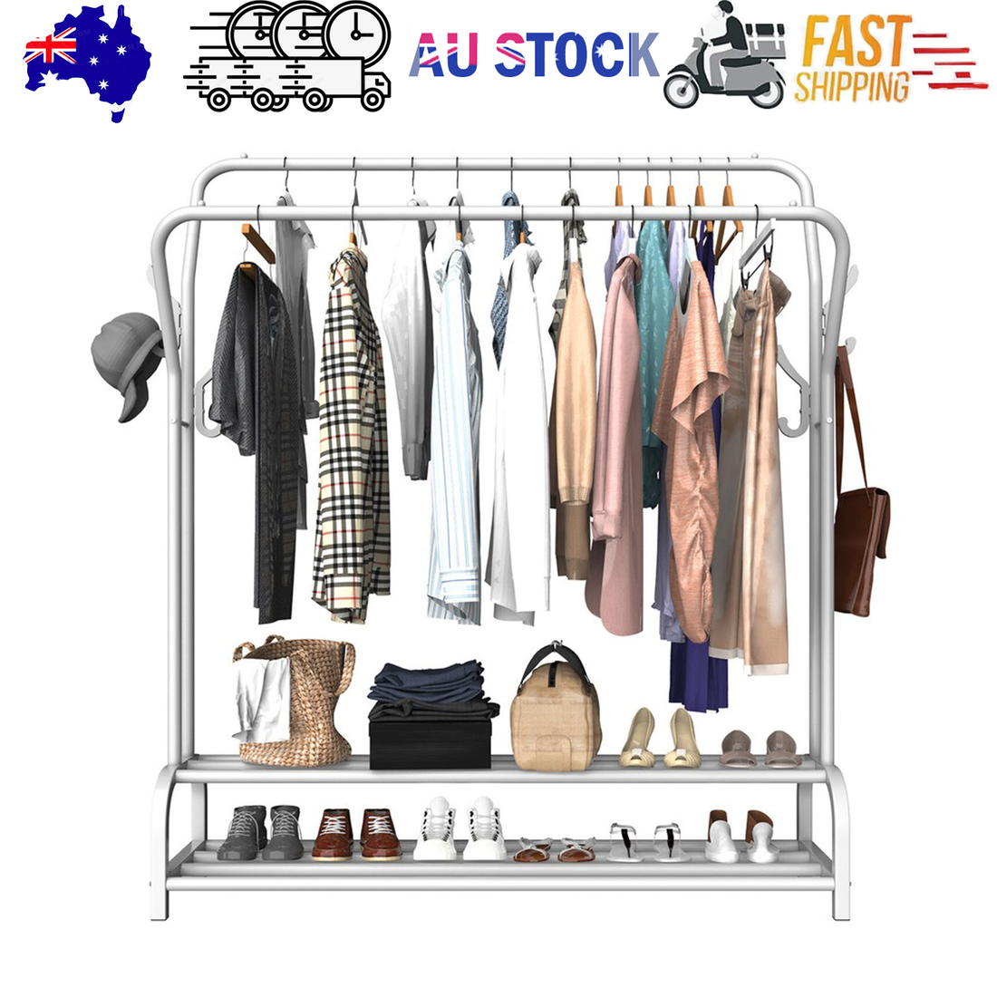 Silver white double-rail garment rack loaded with clothes bags and shoes with AU stock and fast shipping banner