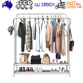 Silver white double-rail garment rack loaded with clothes bags and shoes with AU stock and fast shipping banner