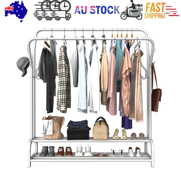 Silver white double-rail garment rack loaded with clothes bags and shoes with AU stock and fast shipping banner