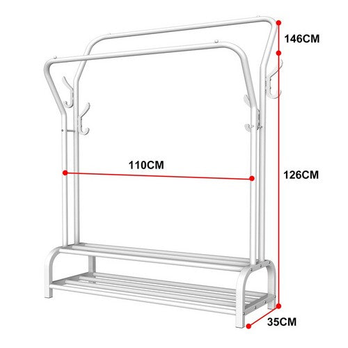 White double-rail garment rack dimensions diagram showing 146cm height 110cm width and 35cm depth