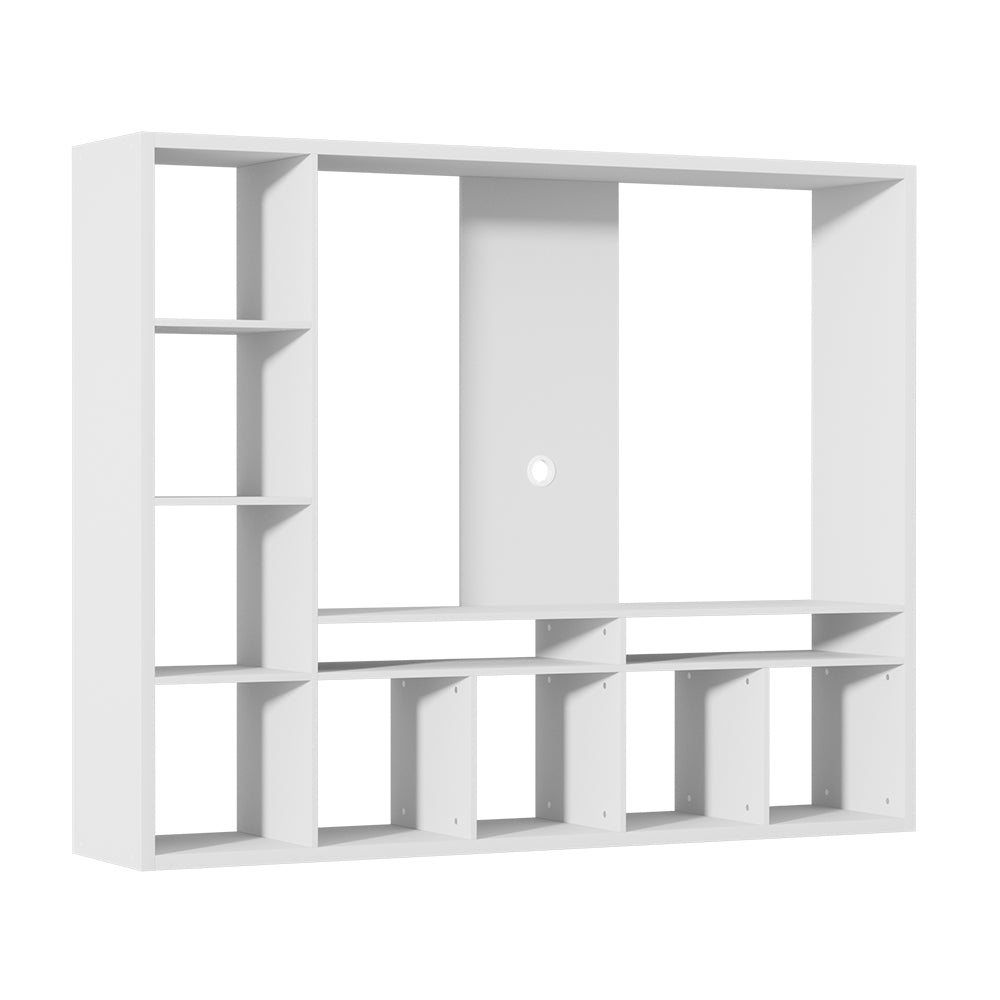 White large entertainment unit angled three-quarter view showing TV recess and lower open cubbies