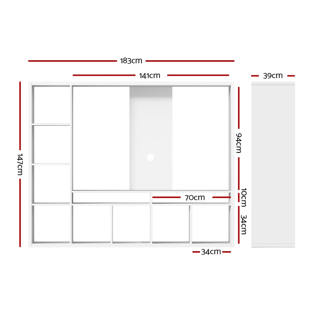 White entertainment unit dimension diagram showing 183cm width 147cm height and 39cm depth