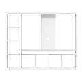 White large entertainment wall unit front view showing TV recess and open shelves on white background