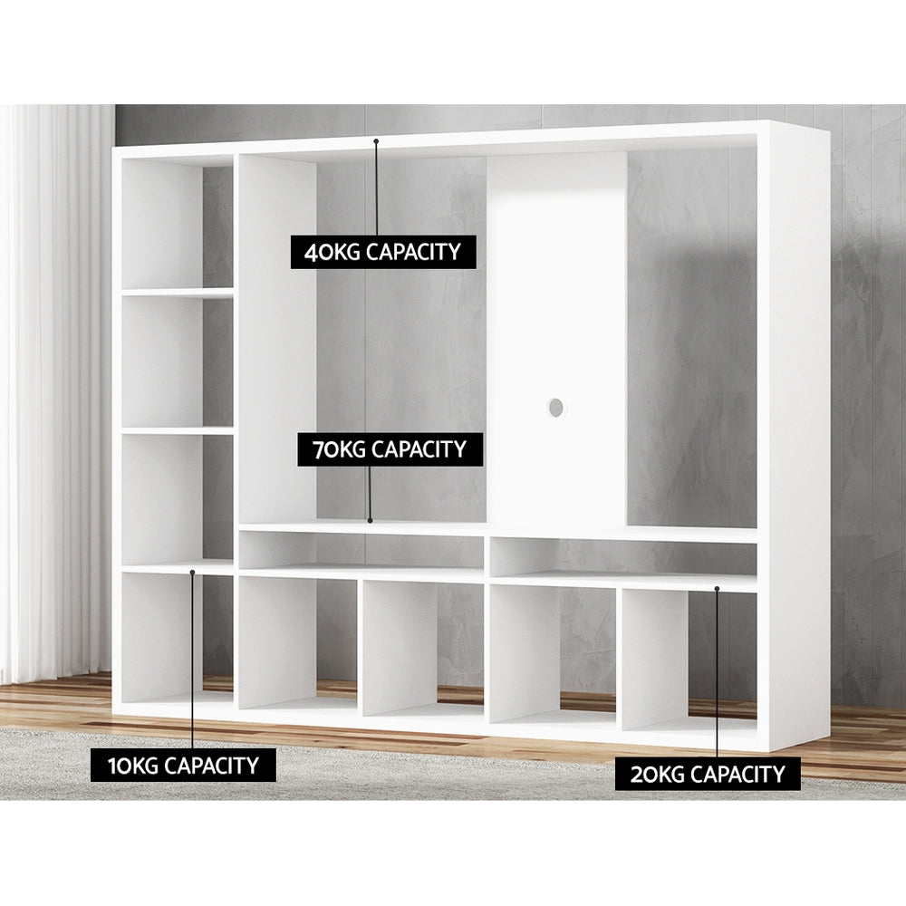 White entertainment unit weight capacity lifestyle showing 40kg 70kg 10kg and 20kg zone labels