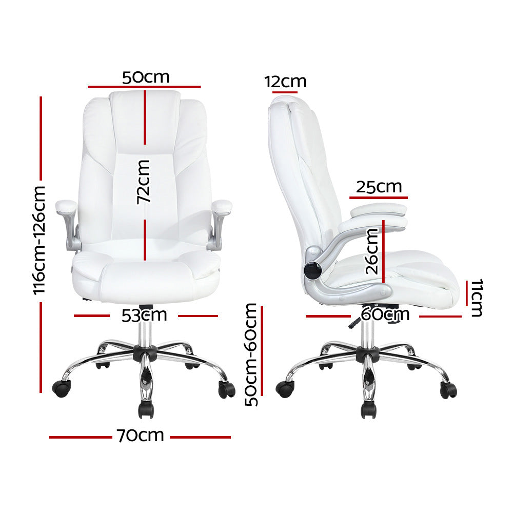 White executive office chair dimensions diagram showing 116-126cm height 53cm seat 70cm base front and side views