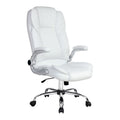 White high-back executive office chair with flip-up armrests in three-quarter angle view on white background