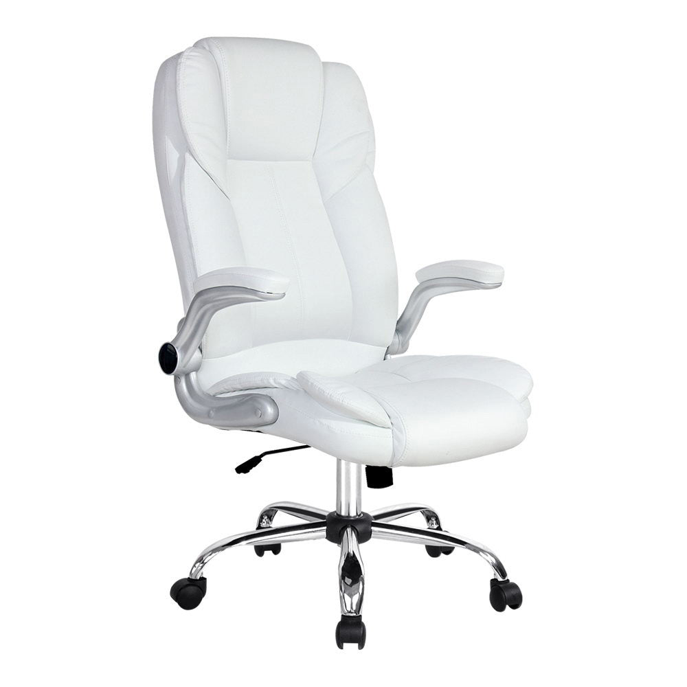 White high-back executive office chair with flip-up armrests in three-quarter angle view on white background