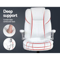 White executive office chair deep support contoured back infographic with 11cm cushion depth callout