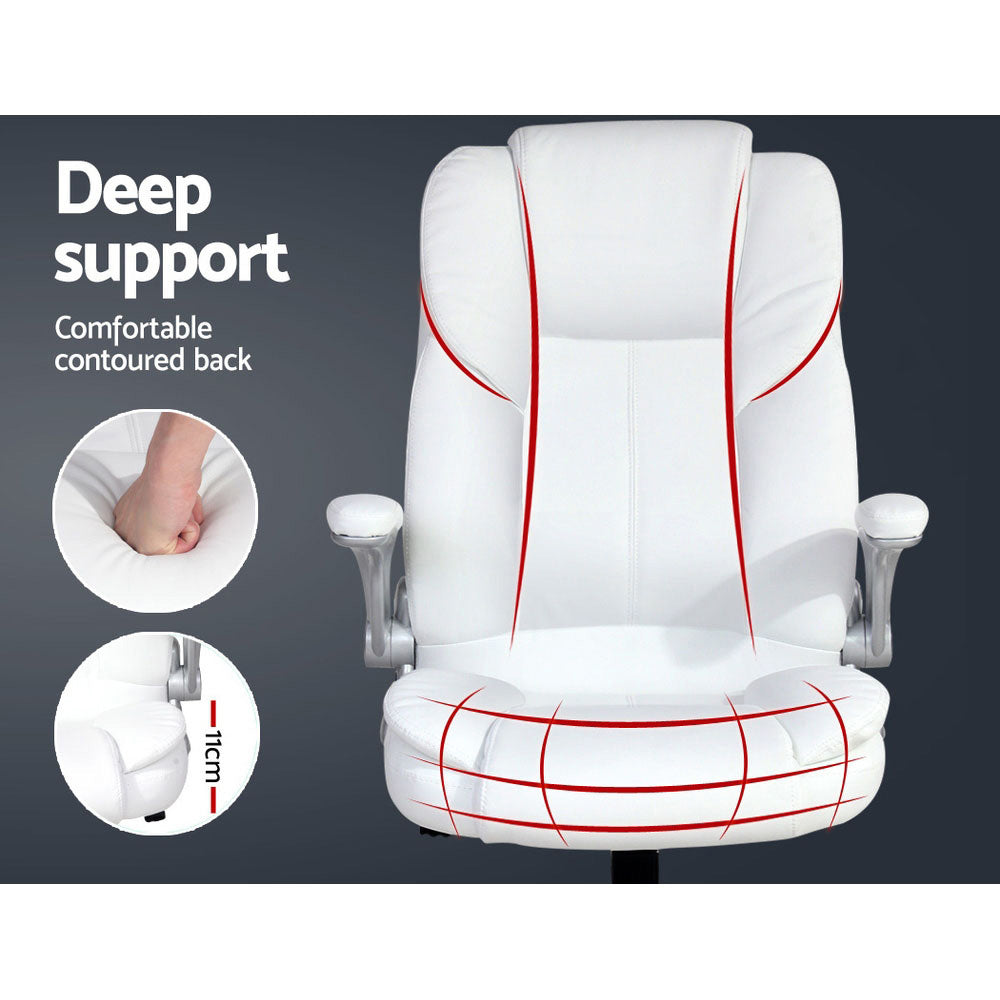 White executive office chair deep support contoured back infographic with 11cm cushion depth callout