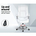 White executive office chair height adjustment and 360 degree rotation infographic with mechanism callout