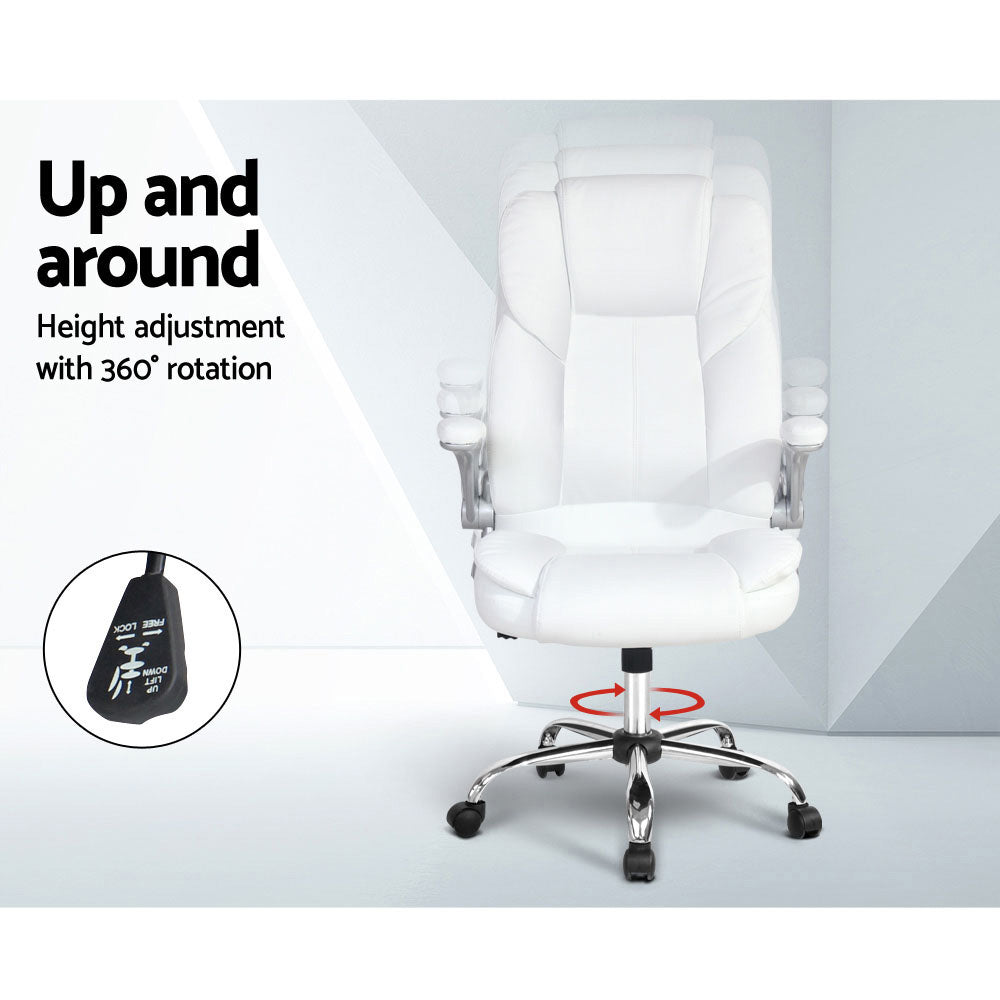 White executive office chair height adjustment and 360 degree rotation infographic with mechanism callout
