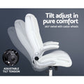 White executive office chair tilt adjust infographic showing 360 degree swivel and backrest positions