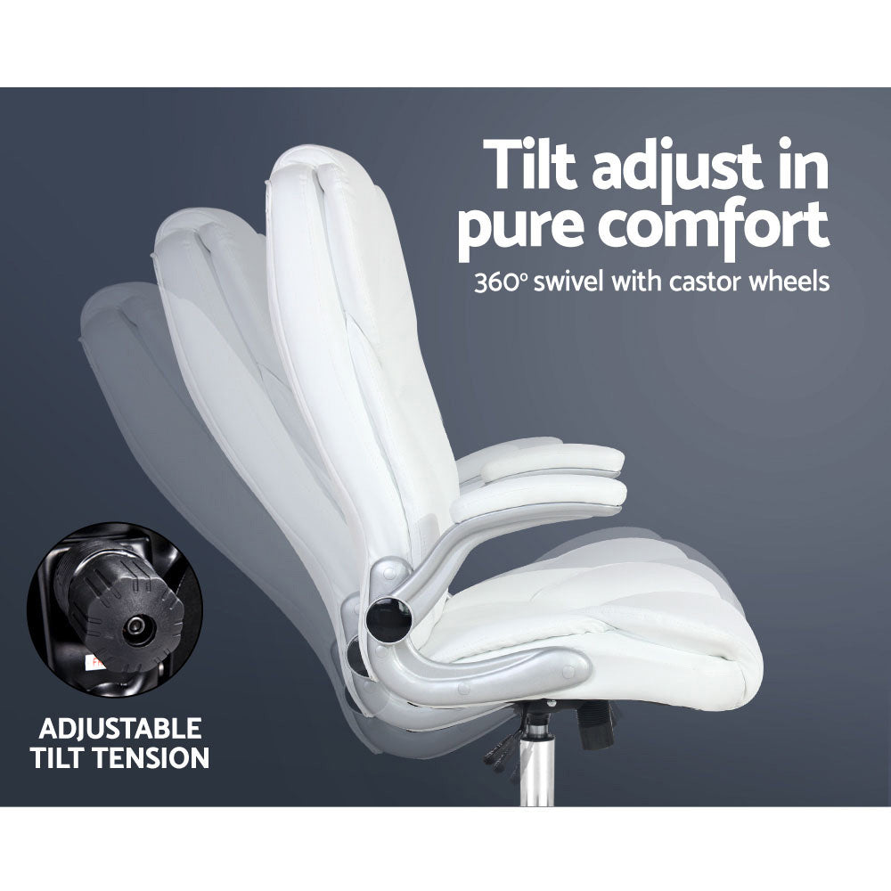 White executive office chair tilt adjust infographic showing 360 degree swivel and backrest positions