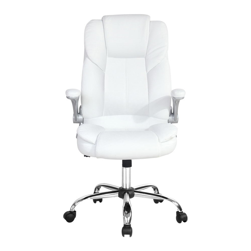 White high-back executive office chair with flip-up armrests and chrome five-star base on white background
