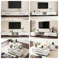 Six lifestyle scenes of white extendable TV unit in various room placements including extended and compact configurations