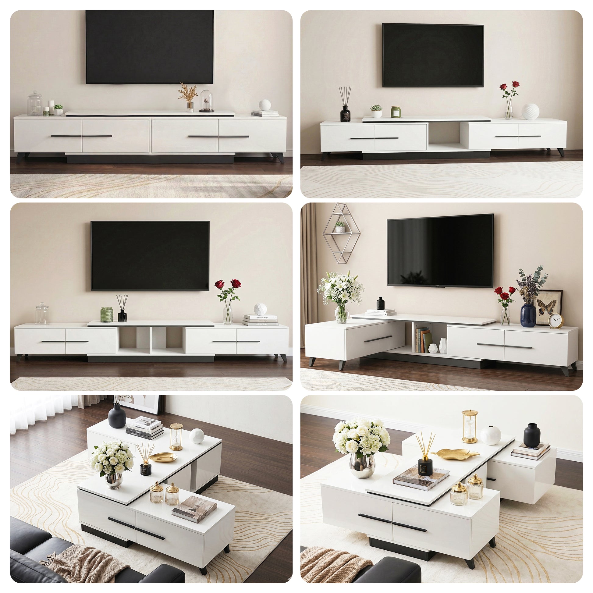 Six lifestyle scenes of white extendable TV unit in various room placements including extended and compact configurations