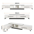 White extendable TV unit dimensions showing 260cm extended 190cm compact 33.5cm height and 40cm depth with top slide