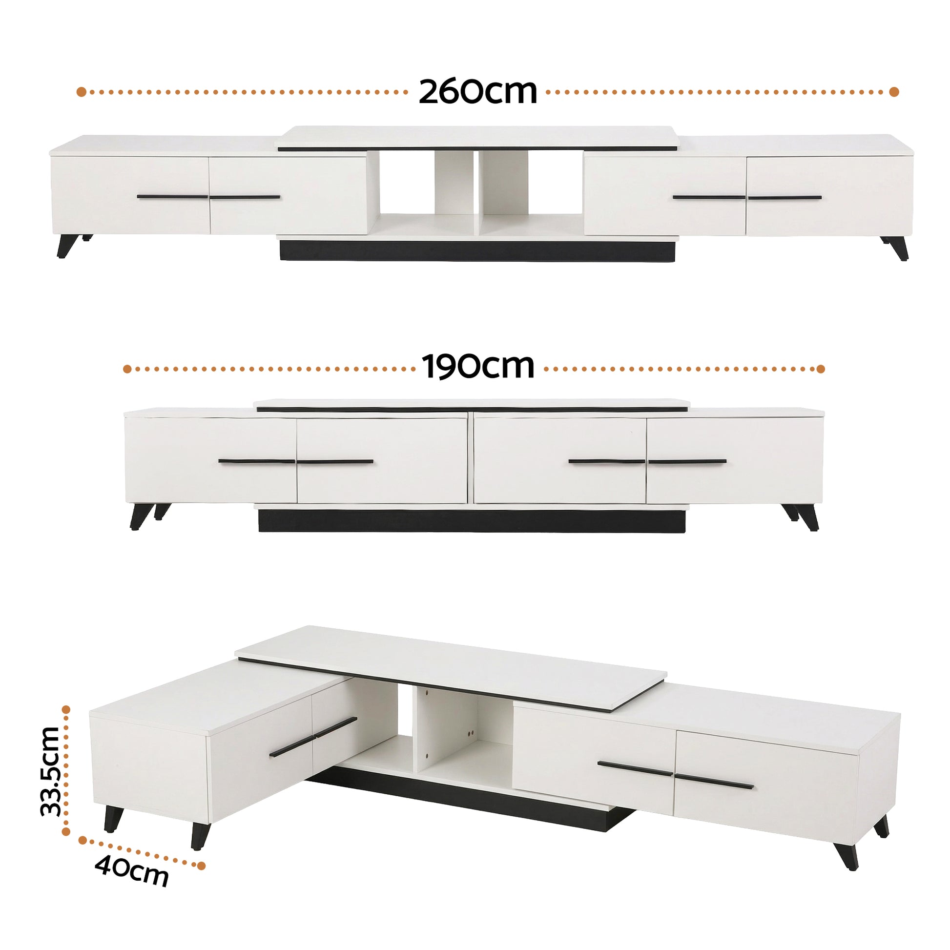 White extendable TV unit dimensions showing 260cm extended 190cm compact 33.5cm height and 40cm depth with top slide