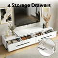 White extendable TV unit 4 storage drawers pulled open showing contents with drawer dimensions 47.5x30cm annotated