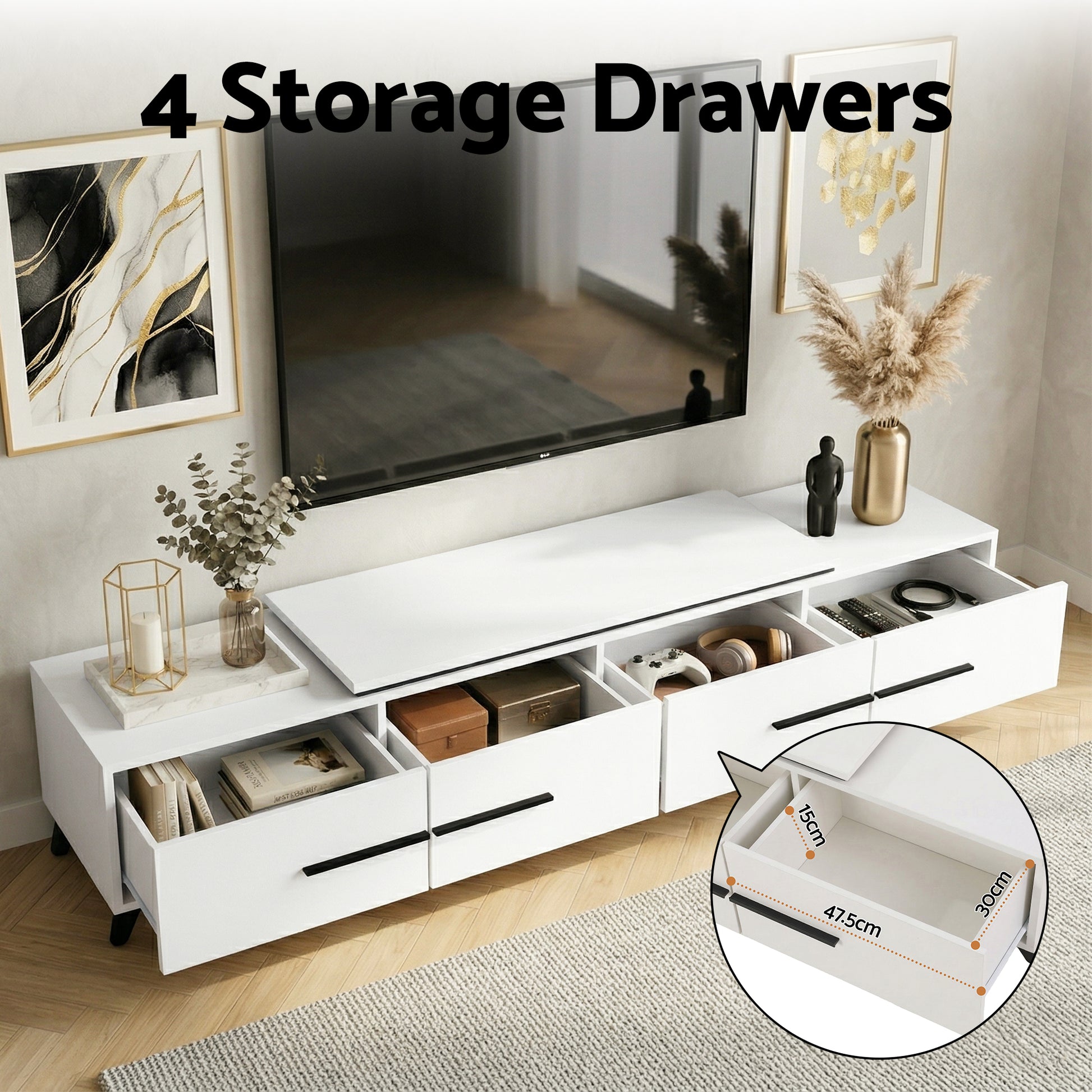 White extendable TV unit 4 storage drawers pulled open showing contents with drawer dimensions 47.5x30cm annotated