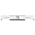 White extendable TV unit fully extended front view all 4 drawers closed with center open shelf on white background