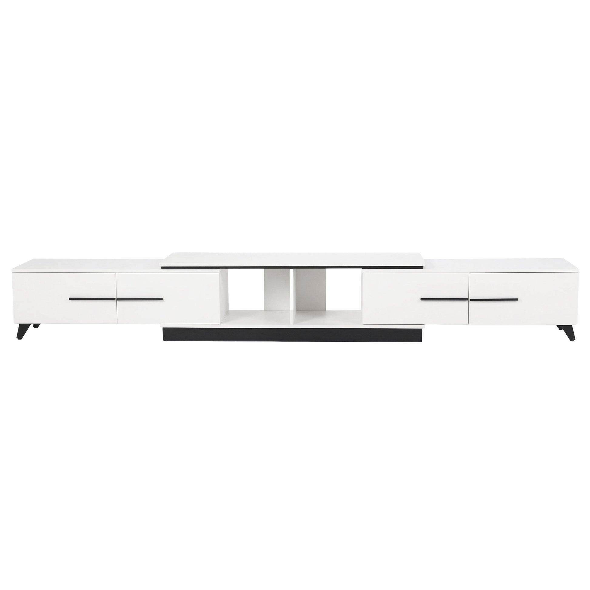 White extendable TV unit fully extended front view all 4 drawers closed with center open shelf on white background