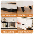 White TV unit 4-panel feature detail showing metal handles black legs open shelving and smooth drawer runners