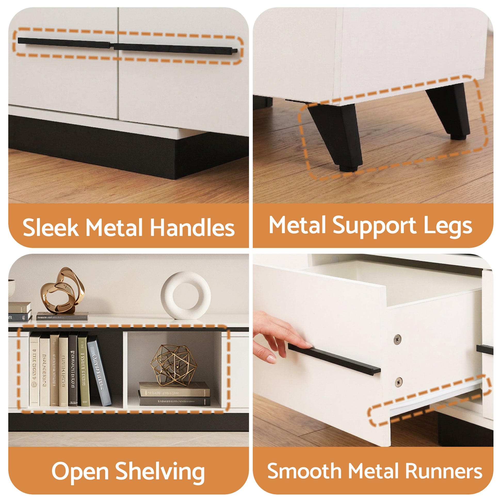 White TV unit 4-panel feature detail showing metal handles black legs open shelving and smooth drawer runners