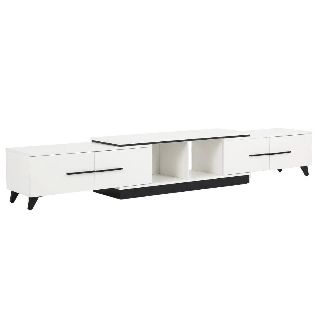 White extendable TV unit in living room with TV above record player radio and books on open shelf in extended position